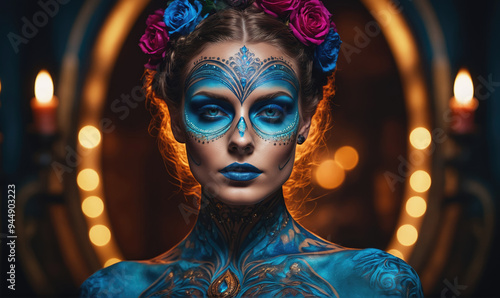 A woman with blue and gold face paint poses in front of a mirror with candles