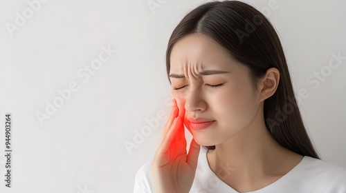 240805 191. A woman having pain at cheek in home. Buccal region inflamed due to trigeminal neuralgia and teeth clenching longtime. Health and medical concept isolated on white background,png