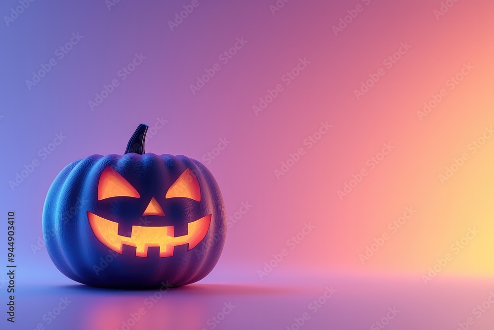 Glowing jack o' lantern pumpkin with spooky face against colorful gradient background. Concept of Halloween celebration, holiday, decoration, and festive atmosphere. Glowing jack o' lantern pumpkin with spooky face against colorful gradient background. Concept of Halloween celebration, holiday, decoration, and festive atmosphere.