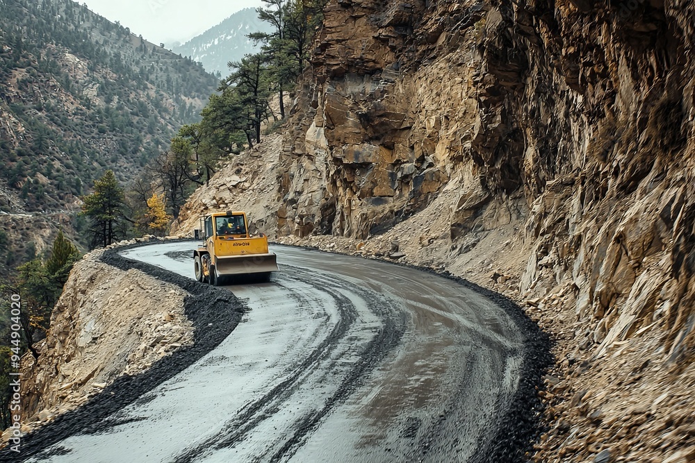 The road paving machine moves steadily along a mountain road, with steep cliffs on one side. The fresh pavement stands out The road paving machine moves steadily along a mountain road, with steep cliffs on one side. The fresh pavement stands out