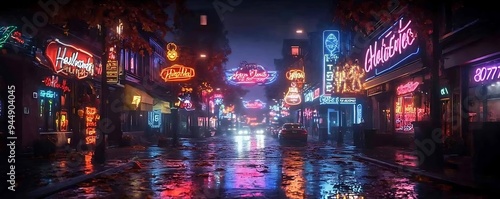 Neon City Street at Night - Rainy Digital Illustration