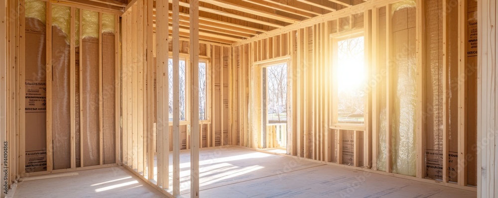 Bright and airy interior of an unfinished room, showcasing wooden framing and natural light for construction and renovation themes. Bright and airy interior of an unfinished room, showcasing wooden framing and natural light for construction and renovation themes.