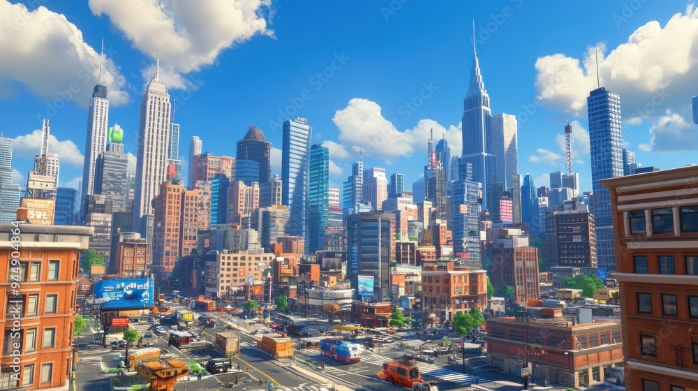 Fototapeta premium Cityscape with Skyscrapers and a Busy Intersection