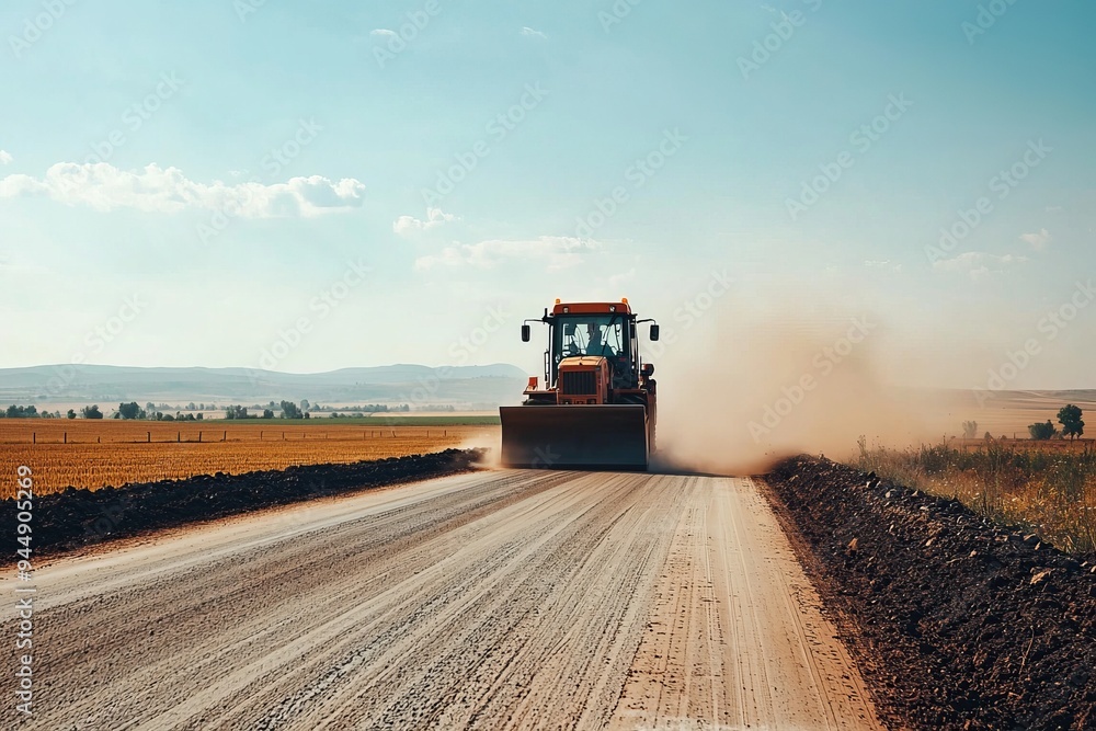 The road paving machine works in a rural area, paving a new road through open fields. Dust rises in the distance The road paving machine works in a rural area, paving a new road through open fields. Dust rises in the distance
