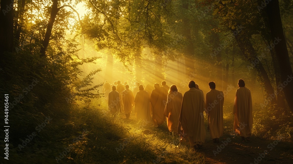 Silhouettes Walking Through Mystical Forest Bathed in Ethereal Sunlight Silhouettes Walking Through Mystical Forest Bathed in Ethereal Sunlight