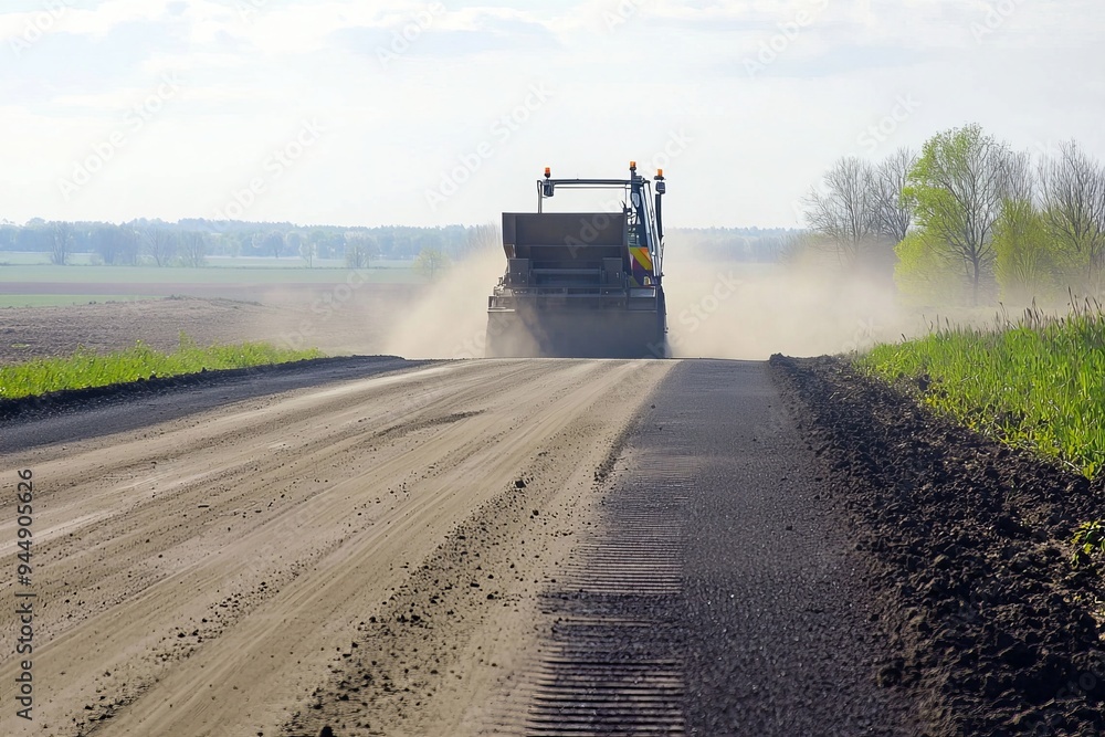 Fototapeta premium The road paving machine works in a rural area, paving a new road through open fields. Dust rises in the distance