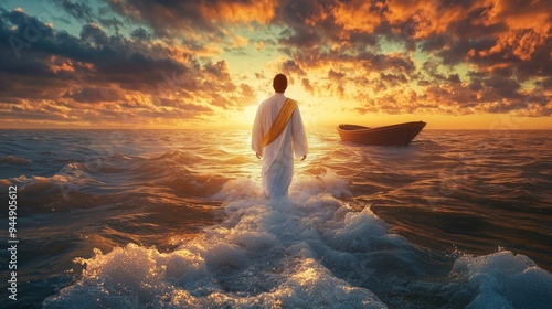 Solitary Figure Traversing the Serene Seascape at Sunset