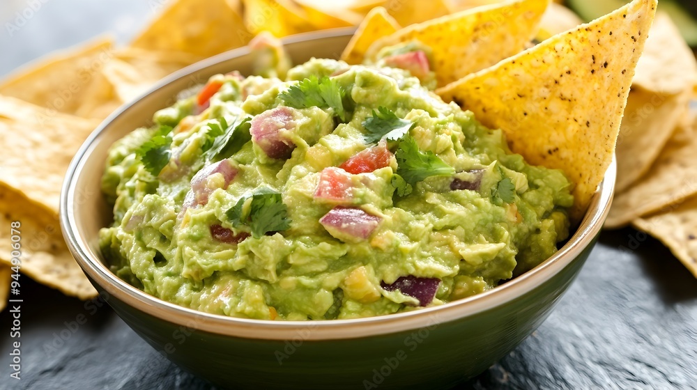 Freshly made guacamole served in a bowl with crunchy tortilla chips on the side placed on a rustic wooden table with copy space for text or design Freshly made guacamole served in a bowl with crunchy tortilla chips on the side placed on a rustic wooden table with copy space for text or design
