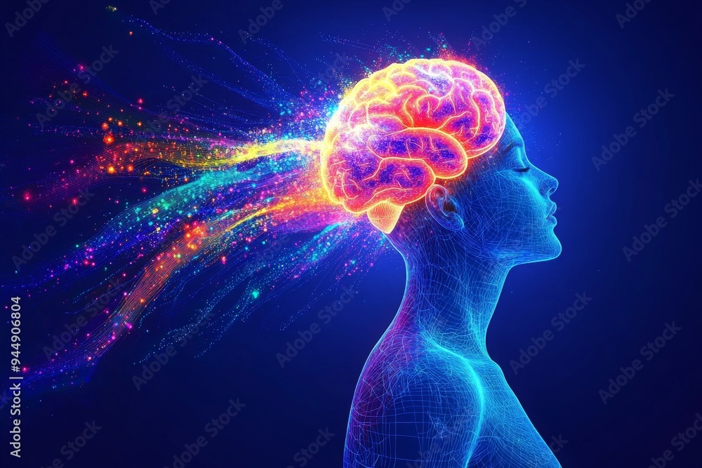 Digital Portrait of a Woman with Radiating Brain Energy Illustrating Creative Thought Cognitive Expansion and the Flow of Ideas in a Vibrant Artistic Style Digital Portrait of a Woman with Radiating Brain Energy Illustrating Creative Thought Cognitive Expansion and the Flow of Ideas in a Vibrant Artistic Style