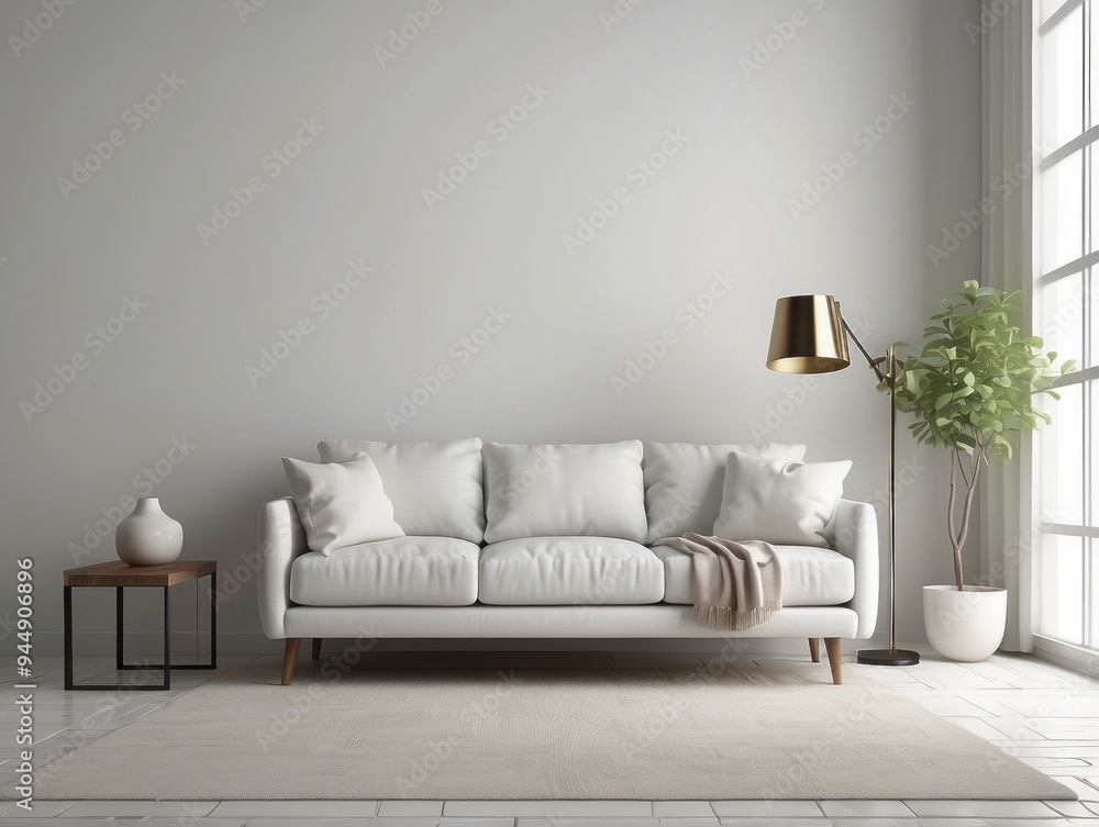 Minimalist Living Room with White Sofa and Gold Floor Lamp Minimalist Living Room with White Sofa and Gold Floor Lamp