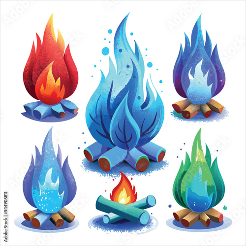 Vibrant cartoon campfires with colorful flame themes.