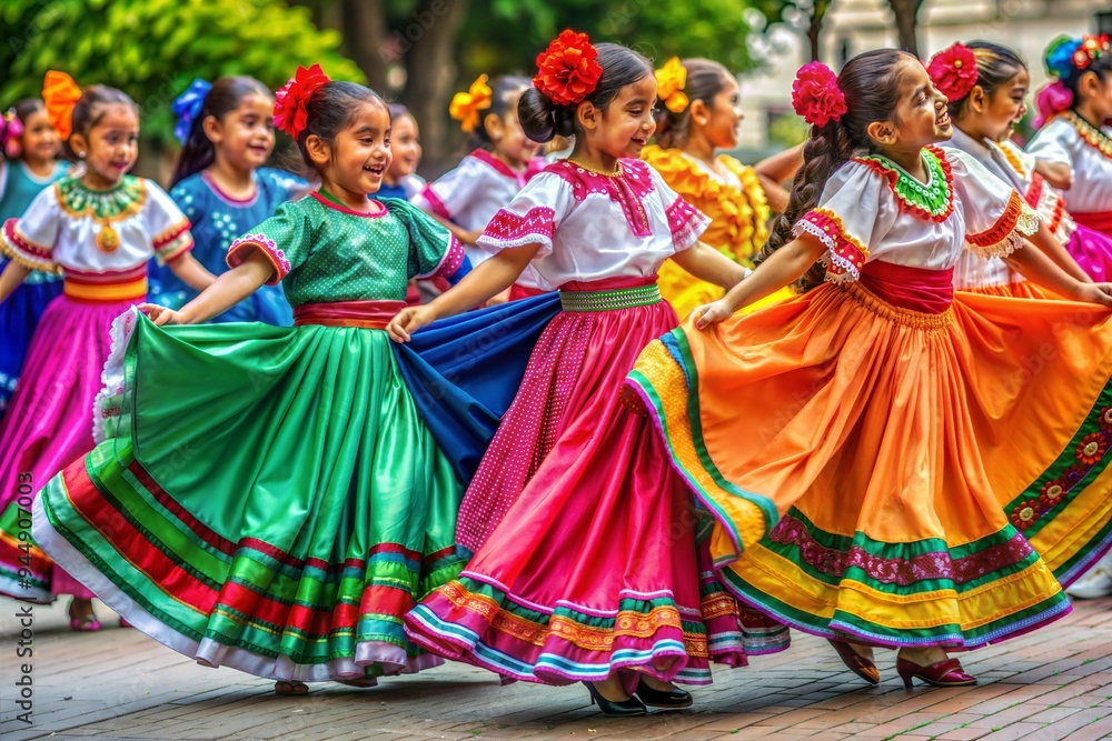 Naklejka premium A group of children learning traditional Hispanic folk dances, dressed in bright, flowing skirts and embroidered blouses.