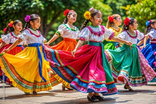 A group of children learning traditional Hispanic folk dances, dressed in bright, flowing skirts and embroidered blouses.