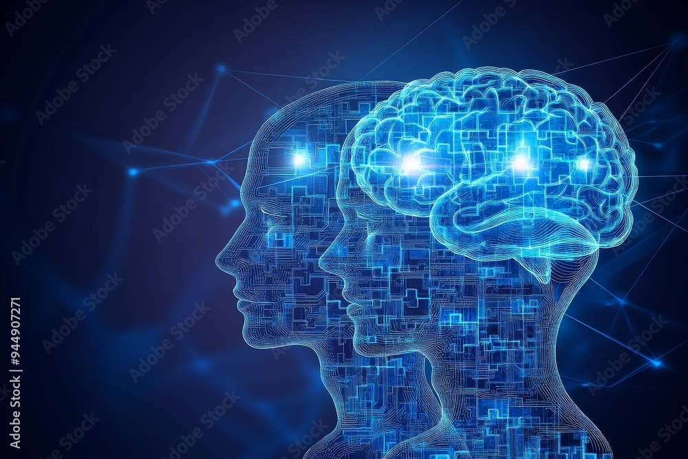 Digital Blueprint of a Human Brain Highlighting Neural Pathways Thought Processes and Advanced Cognitive Science in a Technological Context Digital Blueprint of a Human Brain Highlighting Neural Pathways Thought Processes and Advanced Cognitive Science in a Technological Context