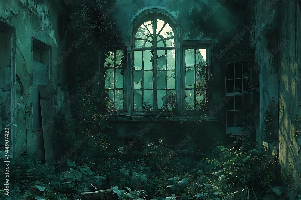 Overgrown Window in an Abandoned Building - Realistic Image Overgrown Window in an Abandoned Building - Realistic Image