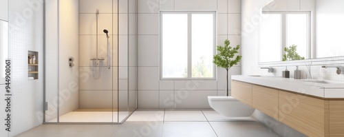 Modern bathroom featuring sleek design, natural light, and minimalist decor for a stylish and serene atmosphere.