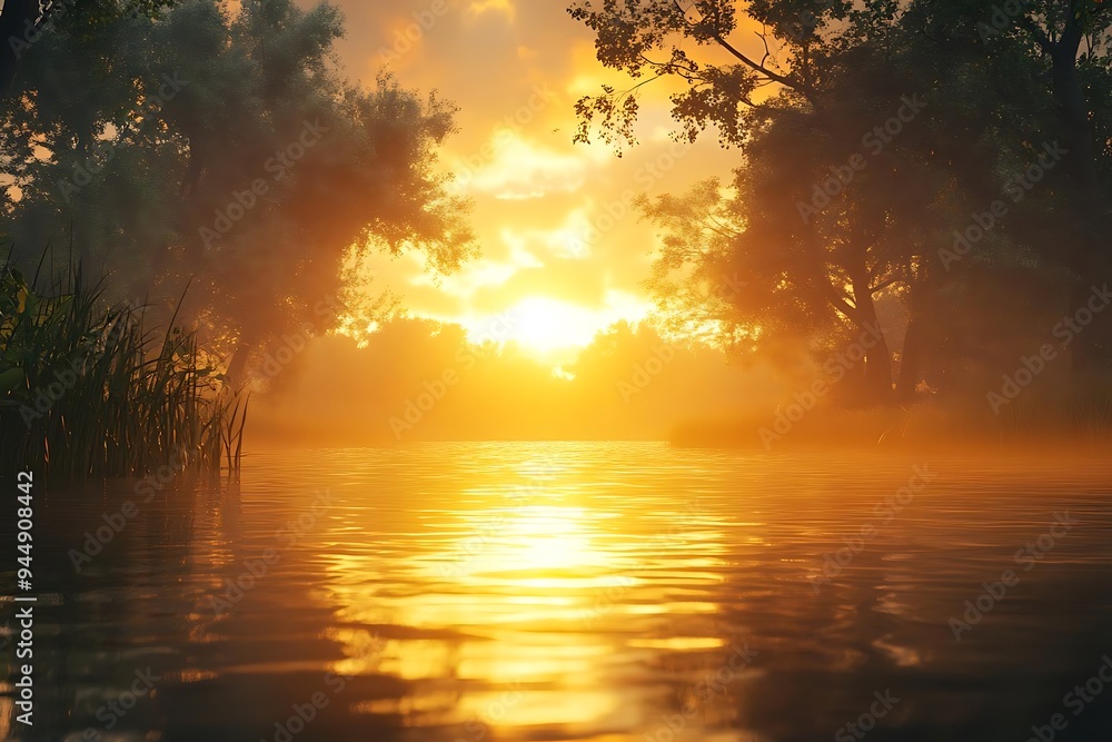 Golden Sunset over a Still Lake 3D Illustration Golden Sunset over a Still Lake 3D Illustration
