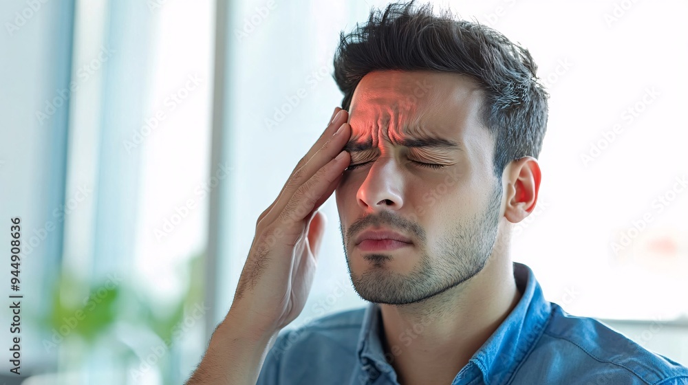 240805 202. A man experiencing discomfort on forehead while at office cubicle. Frontal bone irritated due to sinus headache and constant air conditioning exposure longtime. Health and medical concept 240805 202. A man experiencing discomfort on forehead while at office cubicle. Frontal bone irritated due to sinus headache and constant air conditioning exposure longtime. Health and medical concept