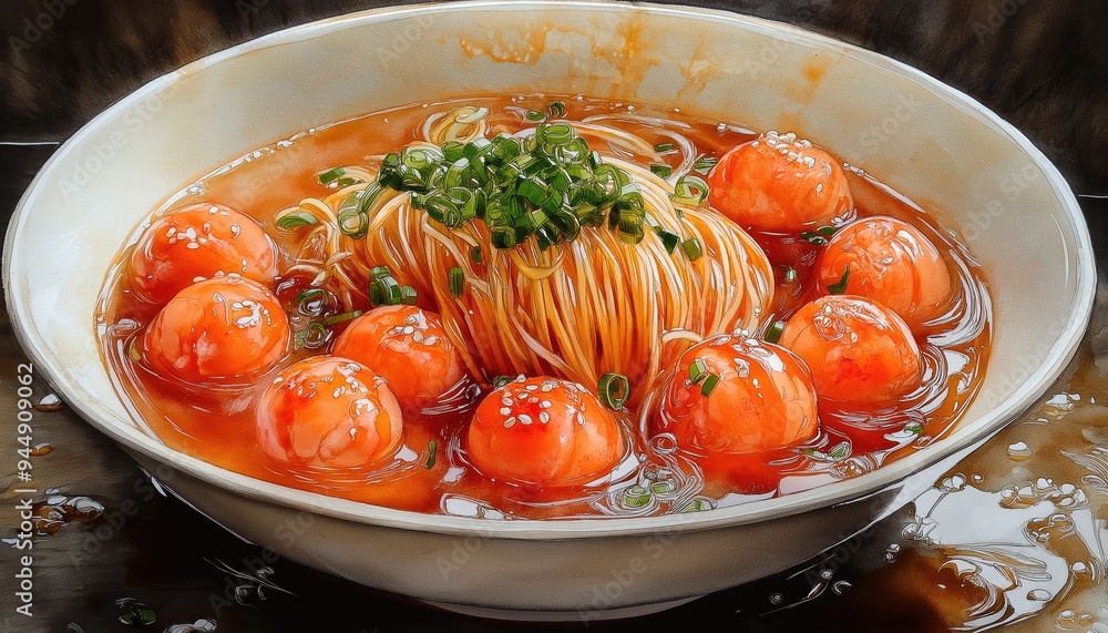 A bowl of noodles with dumplings and green onions. This photo can be used to show a delicious and flavorful meal. A bowl of noodles with dumplings and green onions. This photo can be used to show a delicious and flavorful meal.
