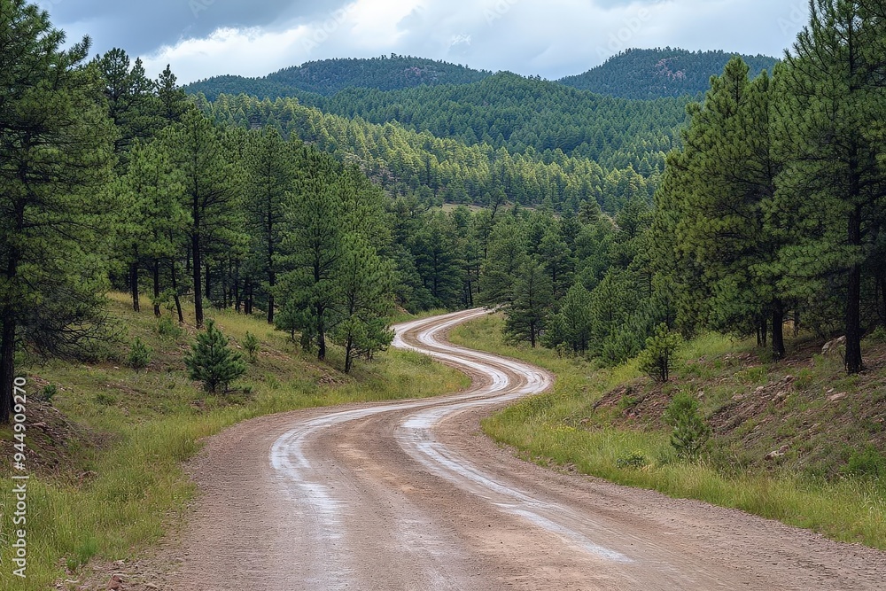 Fototapeta premium Dirt road winding through pine forest, rugged and wild
