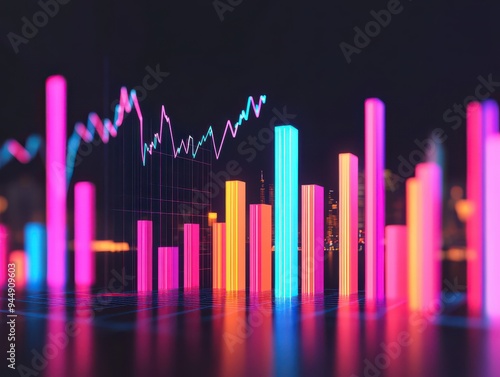 Vibrant neon bar charts represent dynamic financial data analysis and market trends in a modern digital environment.