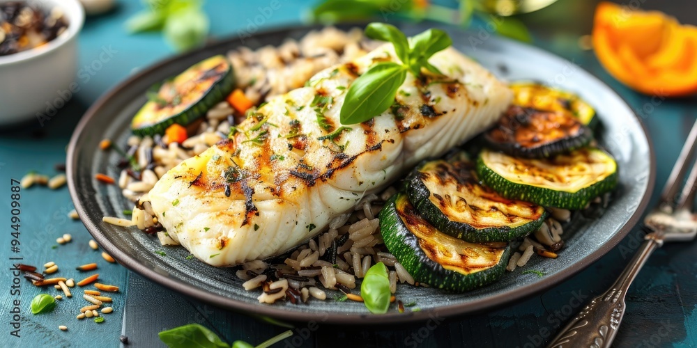 Roasted zucchini served with wild rice and a baked fish fillet Roasted zucchini served with wild rice and a baked fish fillet