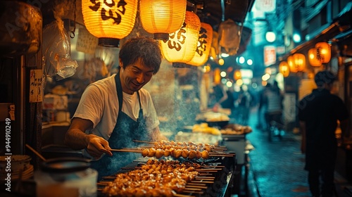 Chef Grilling Skewers in Tokyo Alleyway