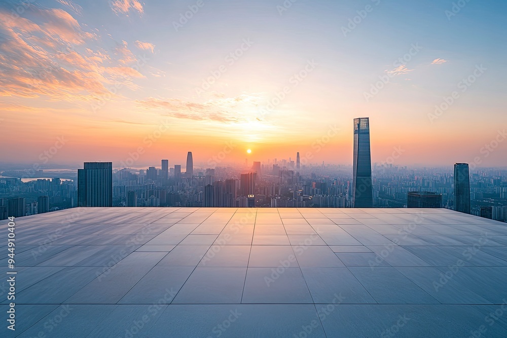 Empty floor and modern city skyline with building at sunset in Suzhou, Jiangsu Province, China. high angle view , ai Empty floor and modern city skyline with building at sunset in Suzhou, Jiangsu Province, China. high angle view , ai