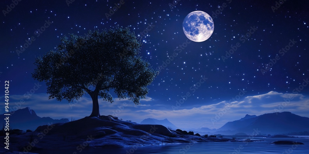 Beautiful landscape under a starry night sky with a full moon in a 3D cartoon rendering Beautiful landscape under a starry night sky with a full moon in a 3D cartoon rendering