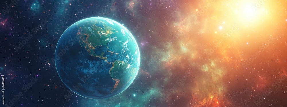 Obraz premium 3D cartoon depiction of the blue and green planet set against a vibrant galaxy background filled with dust and fog featuring bright starlight scattering and numerous shining stars along with a sun