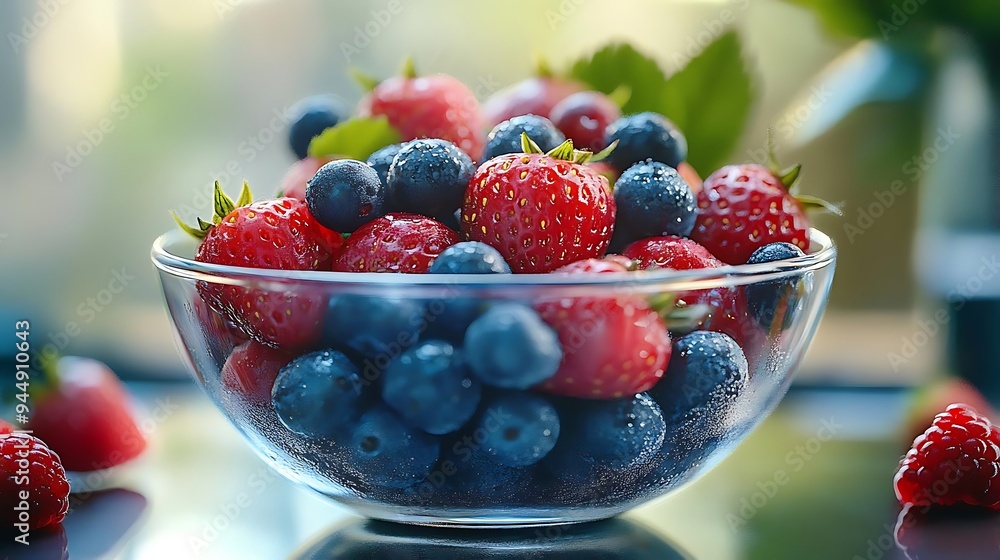 Fresh Fruit Salad in Glass Bowl: Red Strawberries and Blueberries Fresh Fruit Salad in Glass Bowl: Red Strawberries and Blueberries