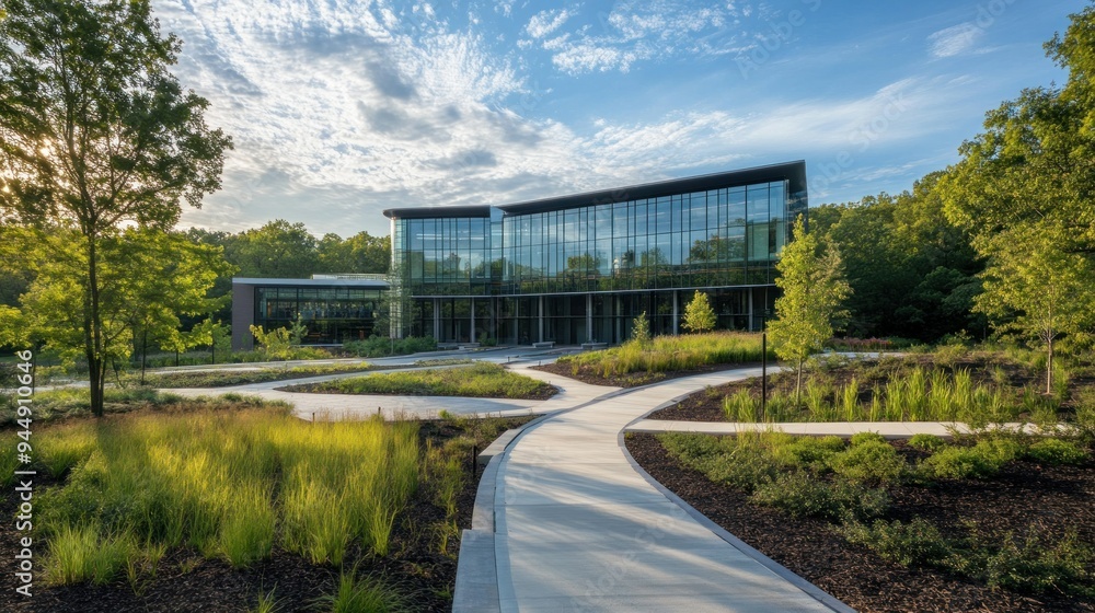 Modern Glass Building with Winding Path and Lush Greenery Modern Glass Building with Winding Path and Lush Greenery