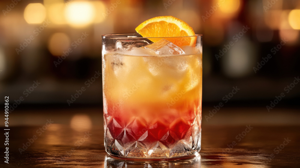 A cocktail with a delicate balance of colors, garnished with a slice of orange A cocktail with a delicate balance of colors, garnished with a slice of orange
