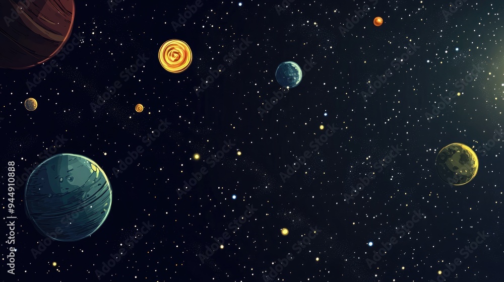 2D illustration featuring a 3D cartoon rendering set in deep vast space showcasing bright stars planets and moons Various imaginative science fiction backdrops space art and alien solar systems cre