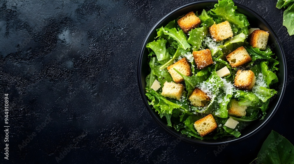 Delicious Caesar Salad Served in a Bowl with Crisp Croutons and Shredded Parmesan Cheese on a Rustic Wooden Table Background with Copy Space Delicious Caesar Salad Served in a Bowl with Crisp Croutons and Shredded Parmesan Cheese on a Rustic Wooden Table Background with Copy Space