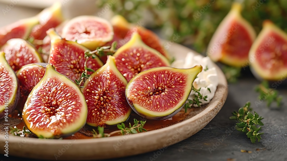 Fresh Figs with Thyme and Honey on a Wooden Plate - Food Photography Fresh Figs with Thyme and Honey on a Wooden Plate - Food Photography