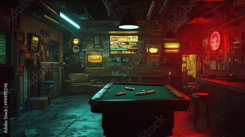 Neon-lit Pool Hall with a Pool Table and Bar Stools