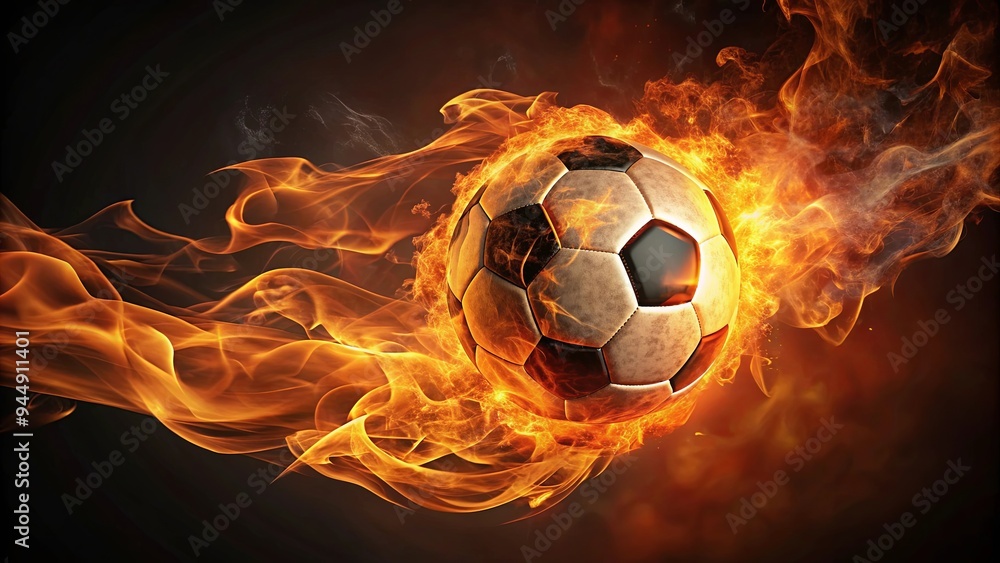 Naklejka premium Fiery soccer ball made from molten lava and swirl , hot, sports, soccer, lava, fiery, burning, intense, game, concept, unique