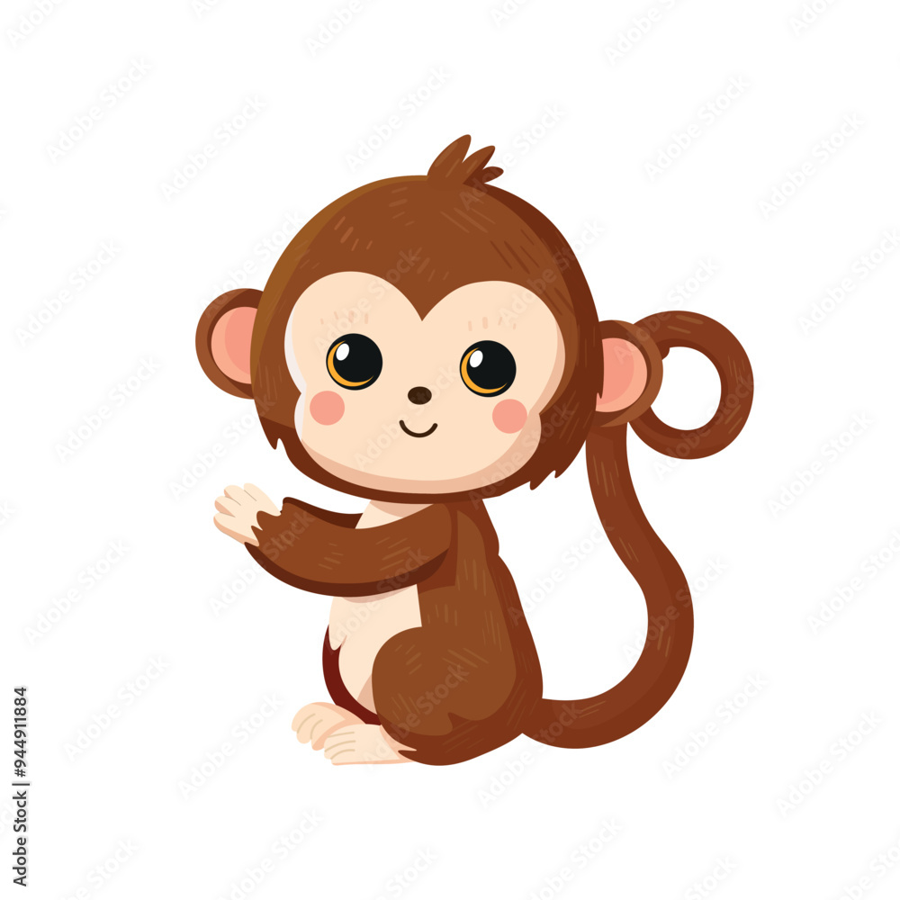 Monkey cute childish cartoon illustration. Vector monkey is sitting isolated on white background Flat design element Monkey cute childish cartoon illustration. Vector monkey is sitting isolated on white background Flat design element