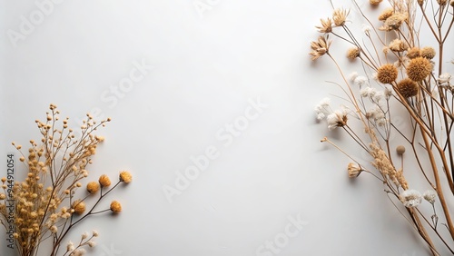 Fototapeta Naklejka Na Ścianę i Meble -  Minimalist background with dried flowers and branches, dried, flowers, branches, minimalist, background, light, airy, delicate