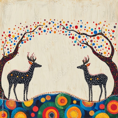 Enchanting Minimalist Deer Illustration: Whimsical Forest Scene Inspired by Global Folk Art Styles. Stylized Animal Design for Children's Books, Cultural Decor, and Versatile Graphic Applications with