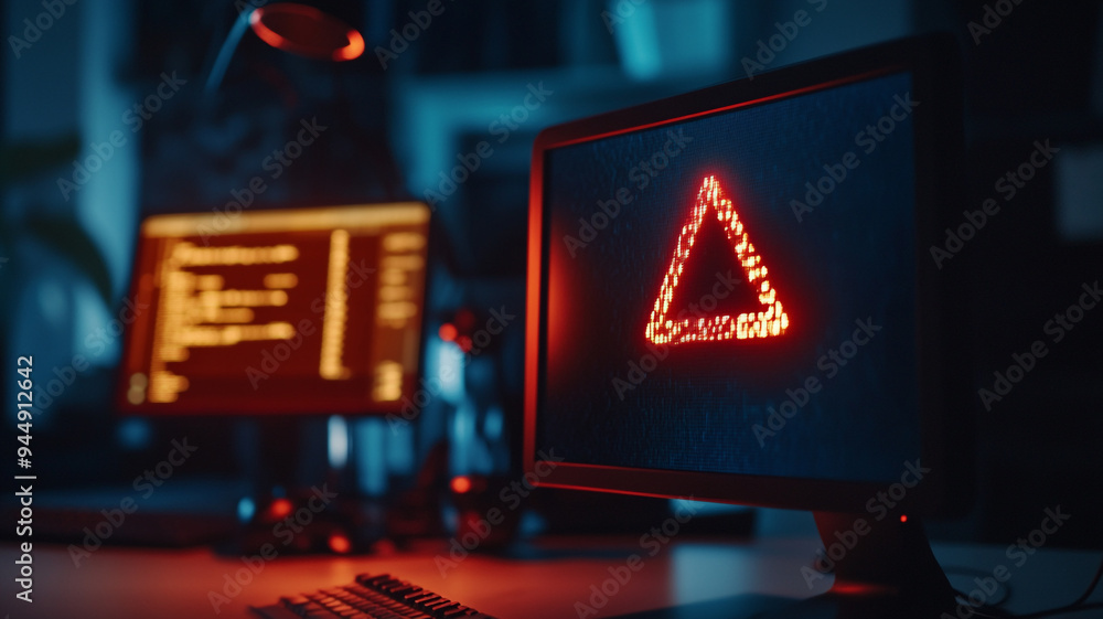 A computer screen displays a warning sign in a dimly lit office environment, signaling a potential security threat during late night hours A computer screen displays a warning sign in a dimly lit office environment, signaling a potential security threat during late night hours