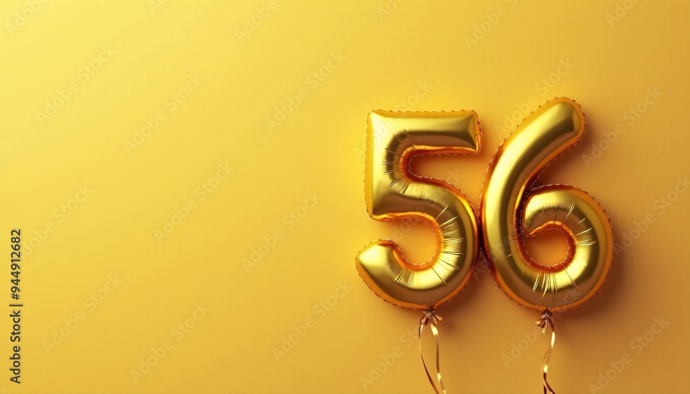 Banner with number 56 golden balloon with copy space. Fifty-sixth birthday celebration on a solid color background. Banner with number 56 golden balloon with copy space. Fifty-sixth birthday celebration on a solid color background.
