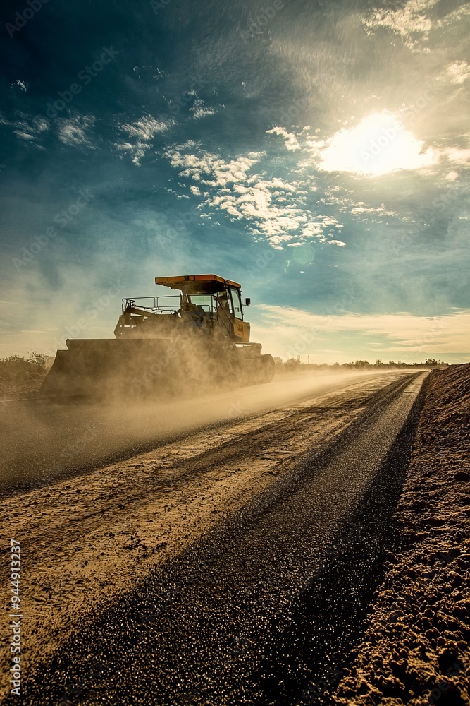 Fototapeta premium The road paving machine operates in a desert environment, laying asphalt under the intense midday sun. The heat creates