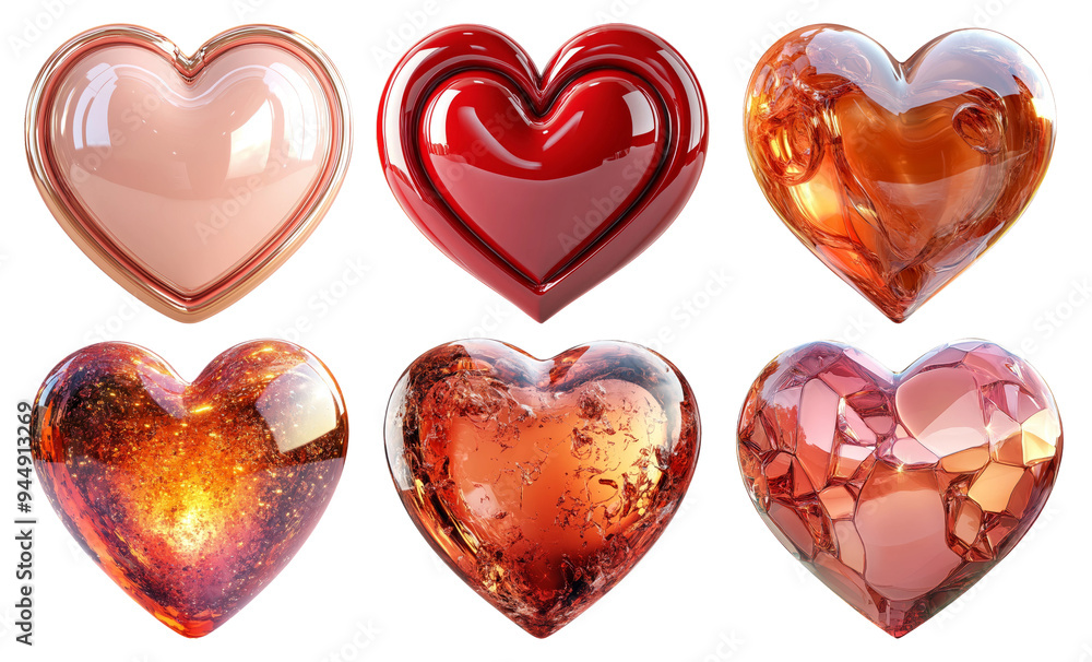 Set of shiny heart-shaped objects in different colors isolated on transparent background Set of shiny heart-shaped objects in different colors isolated on transparent background