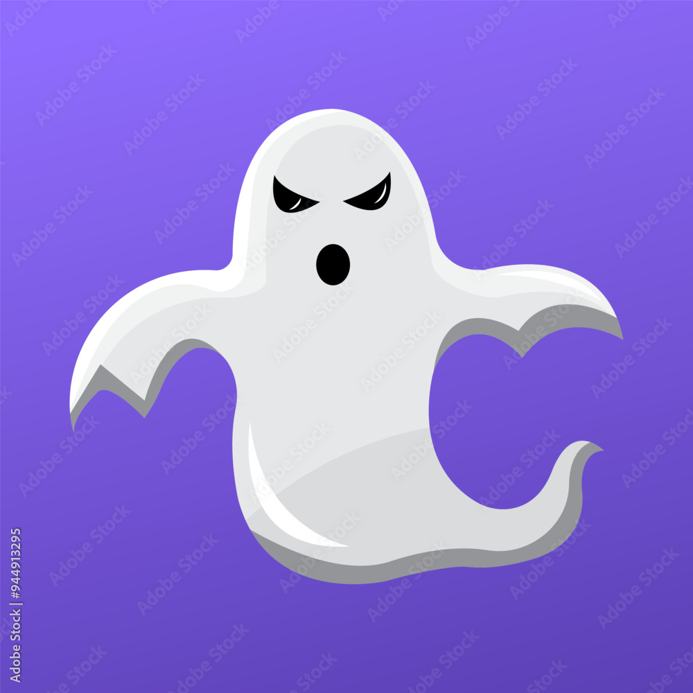 A ghost with an angry expression is shown on a purple background