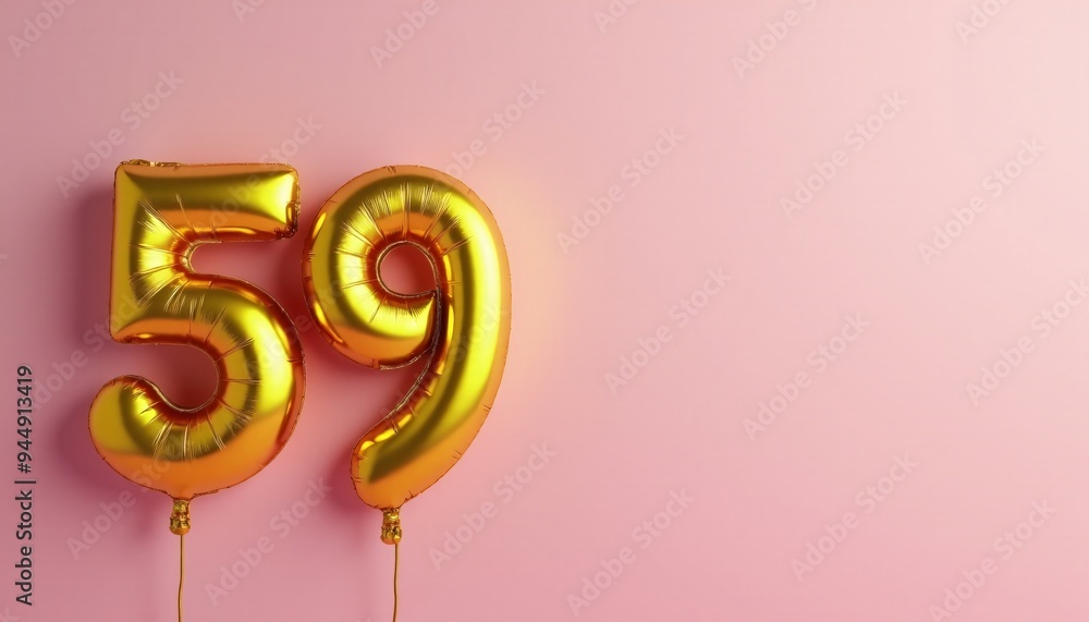 Banner with number 59 golden balloon with copy space. Fifty-ninth birthday celebration on a solid color background. Banner with number 59 golden balloon with copy space. Fifty-ninth birthday celebration on a solid color background.