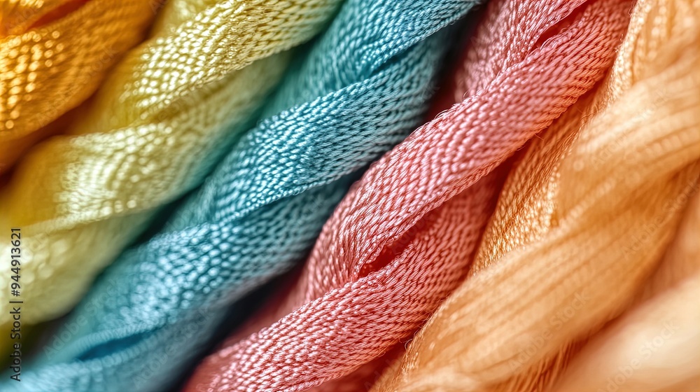 Vibrant Macro Image of Twisted Rainbow Embroidery Threads: Perfect for Sports Interior Posters, Showcasing Coral, Emerald, Sky Blue, and Gold Against a Softly Blurred Backdrop Vibrant Macro Image of Twisted Rainbow Embroidery Threads: Perfect for Sports Interior Posters, Showcasing Coral, Emerald, Sky Blue, and Gold Against a Softly Blurred Backdrop