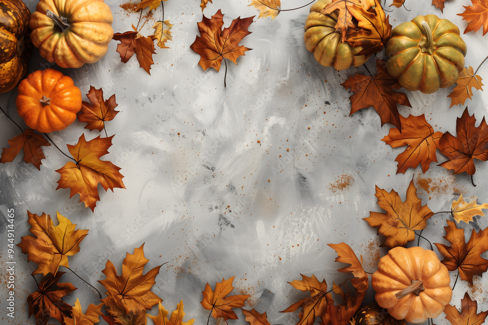 Vibrant autumn and thanksgiving background with leaves, golden pumpkins, and text space Vibrant autumn and thanksgiving background with leaves, golden pumpkins, and text space