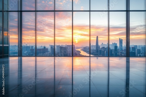 Empty floor and modern city skyline with building at sunset in Suzhou  Jiangsu Province  China. high angle view   ai